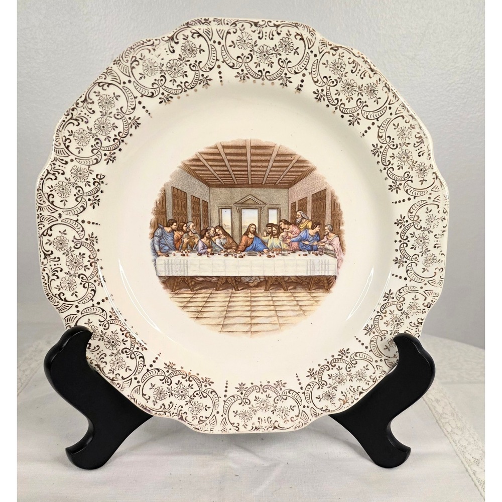 Vintage The Last Supper Collector Plate 22Kt Gold Filigree Scalloped 10 Inch